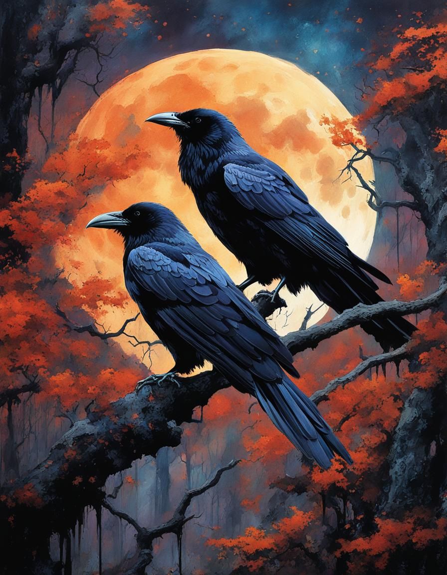 Ravens in Spooky Forest Under Full Moon