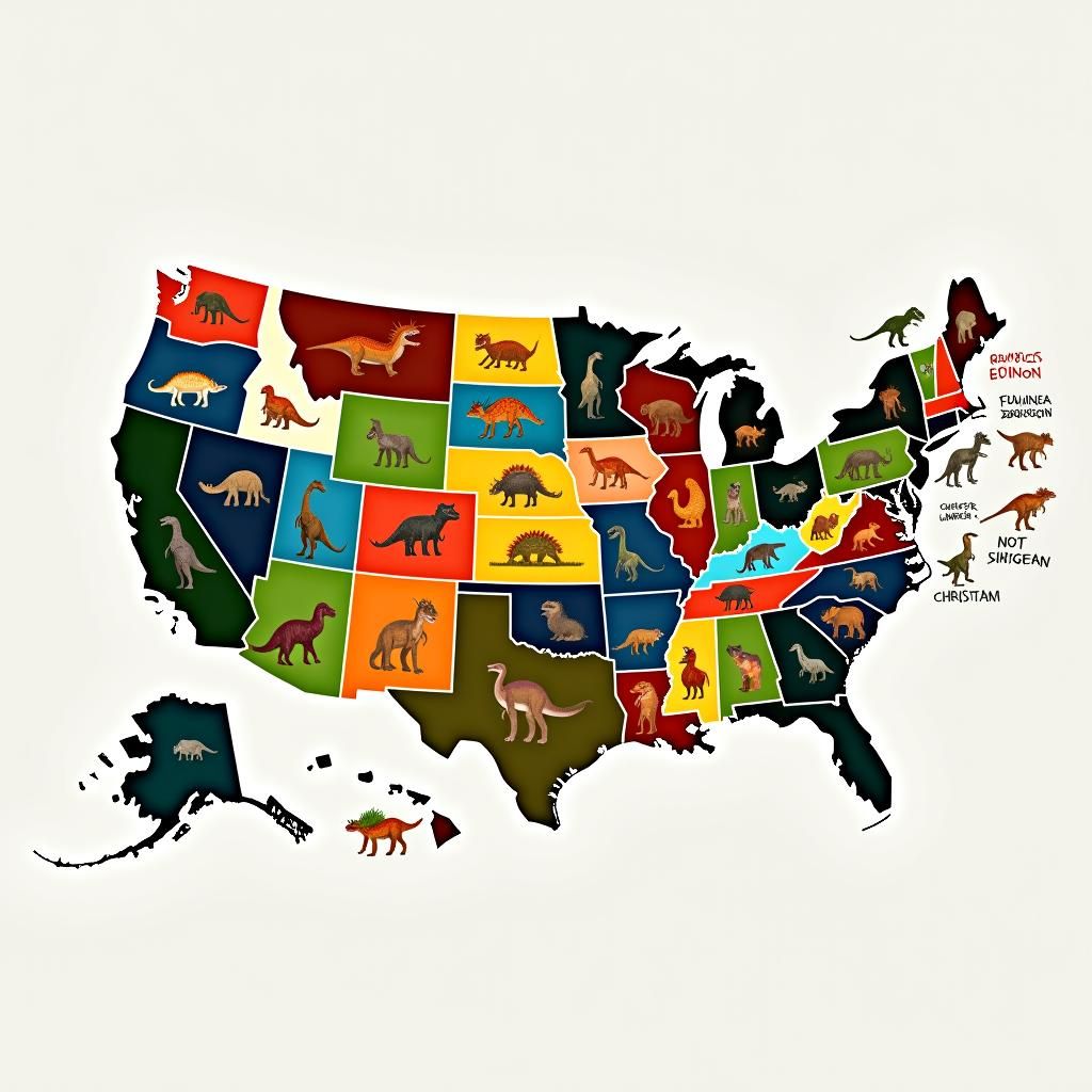 US Map with State Dinosaurs in Mid-Century Style