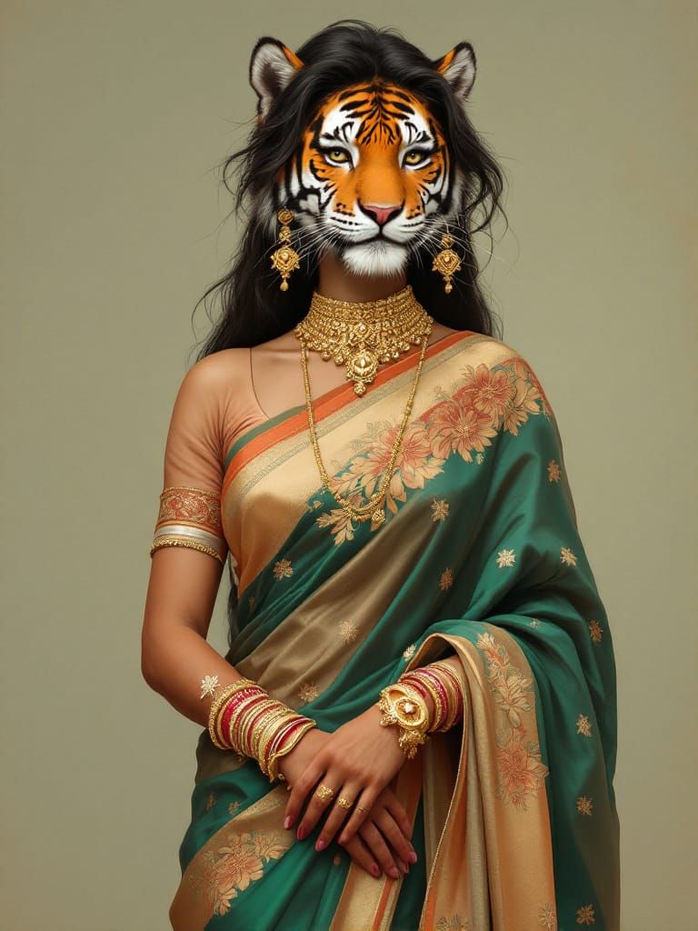 Tiger in Saree: Alphonse Mucha-Inspired Digital Art