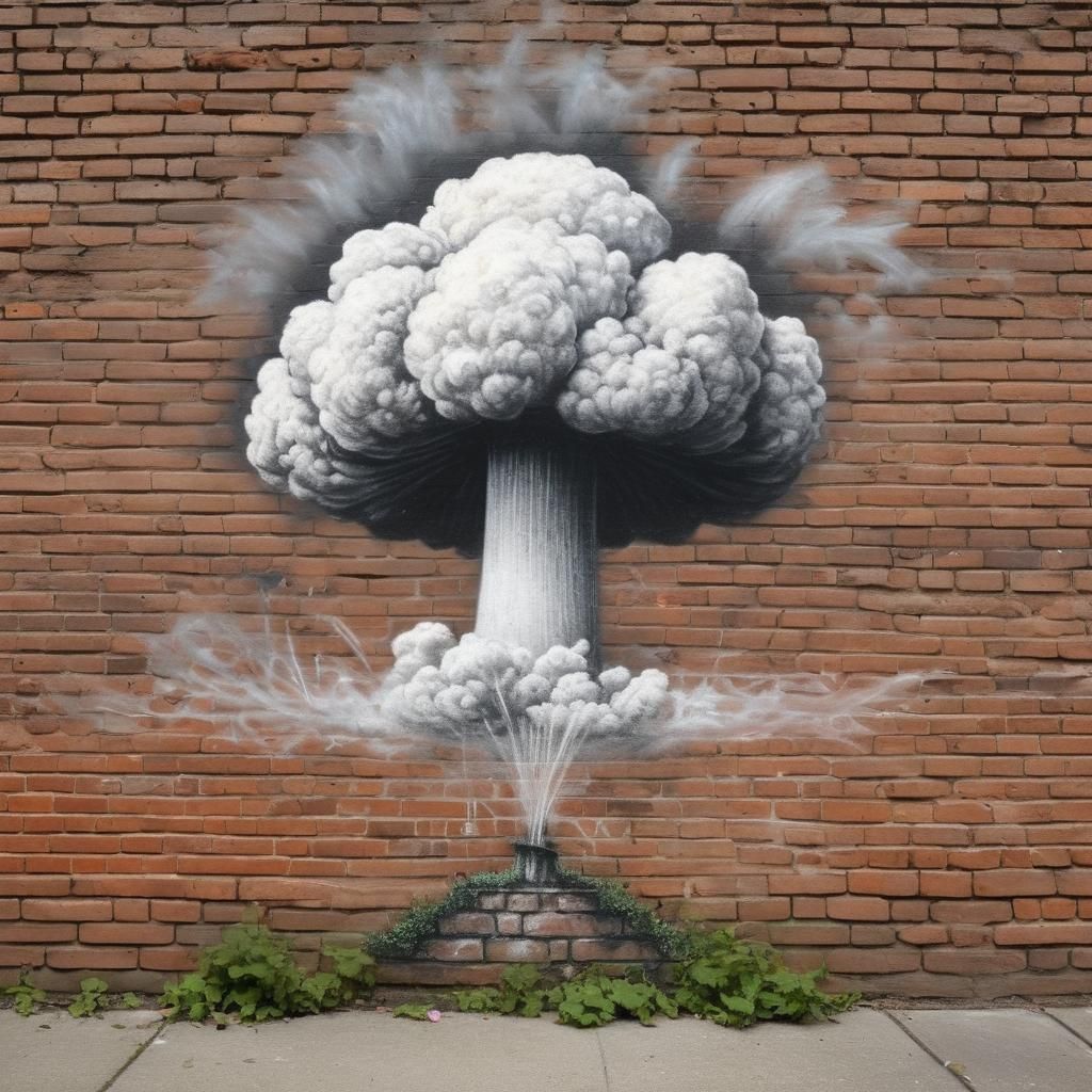 Mushroom Cloud Street Art in Banksy Kinkade Style