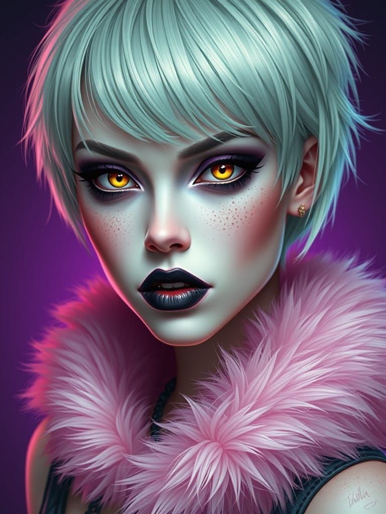 Enchantress with Mint Green Hair and Yellow Eyes