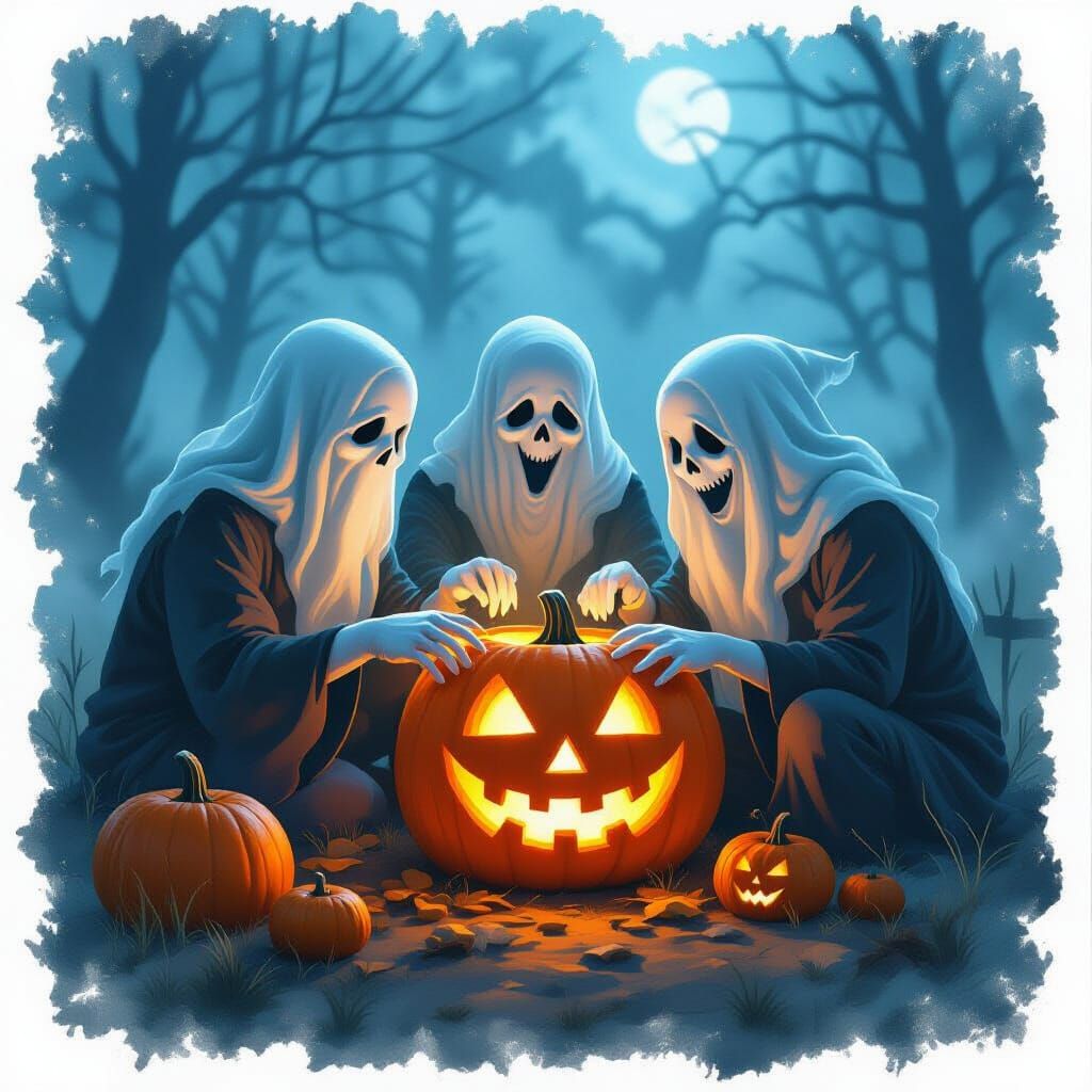 Ghostly Spirits Carving Glowing Pumpkins