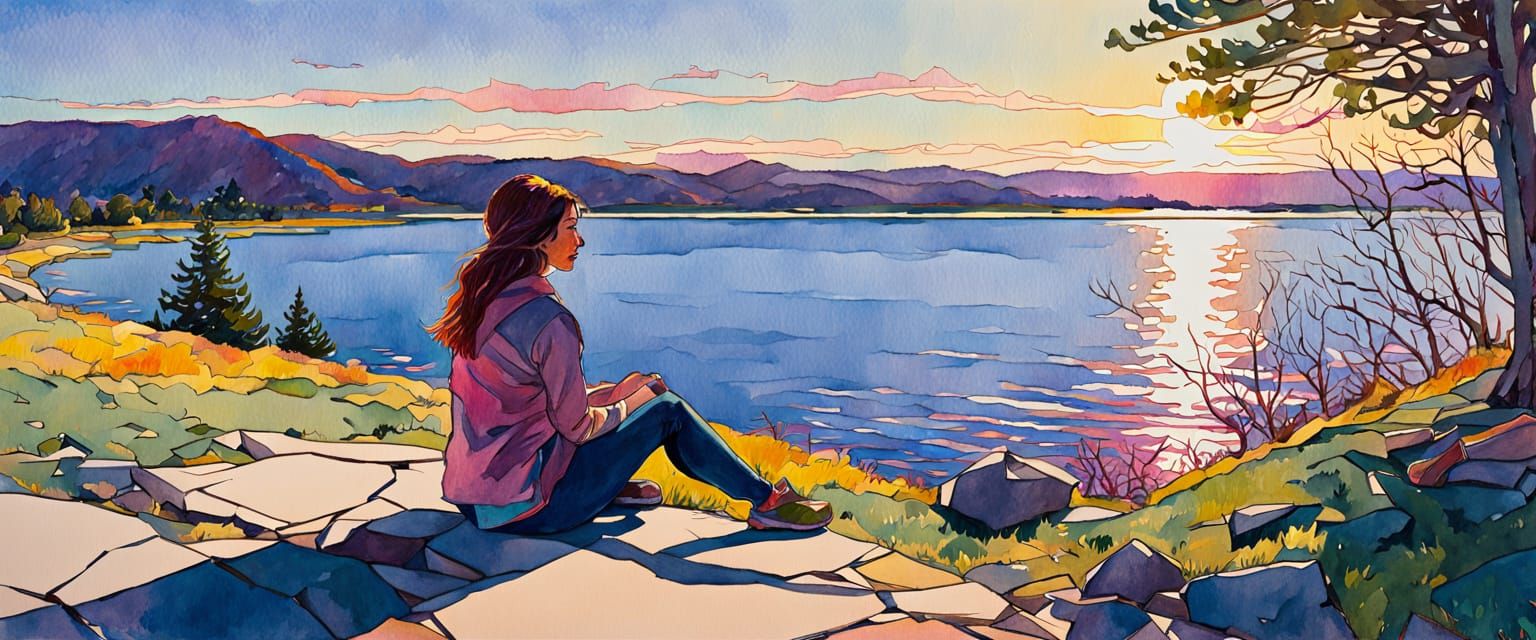 Girl by Lakeshore in Late Afternoon Sunlight