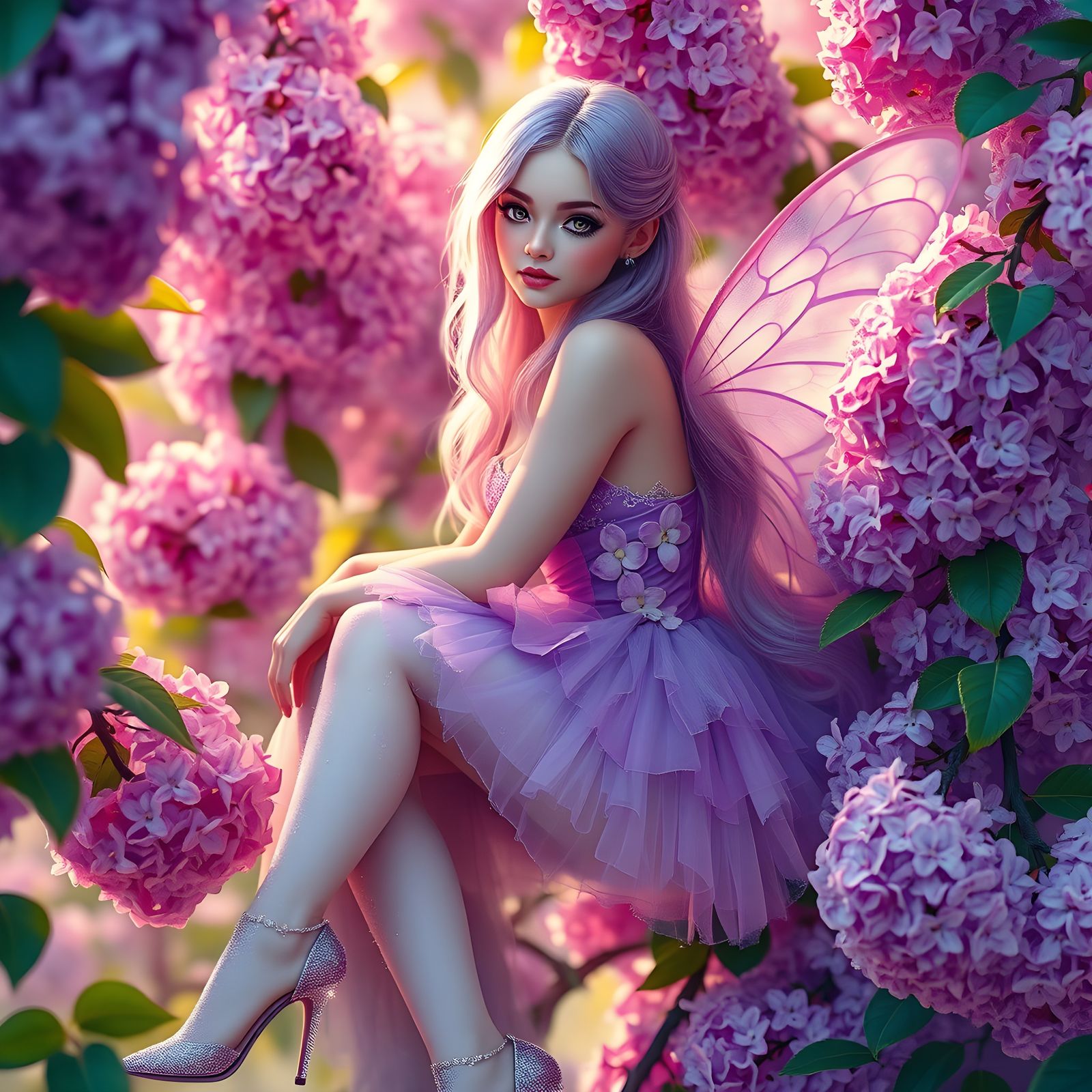 Lilac-Haired Fairy in Lilac Bush: Hyperrealistic Art