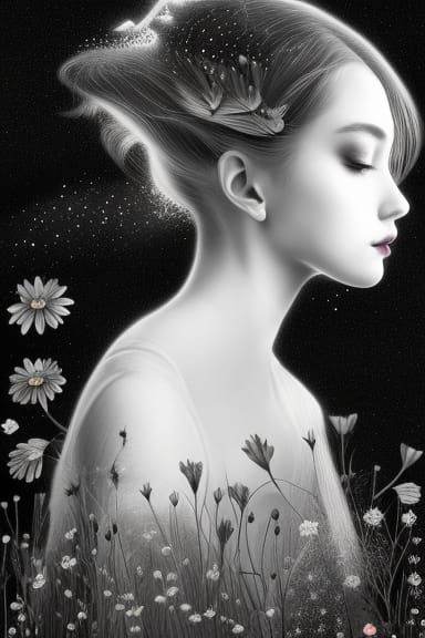 Girl and Landscape Double Exposure in Magic Realism