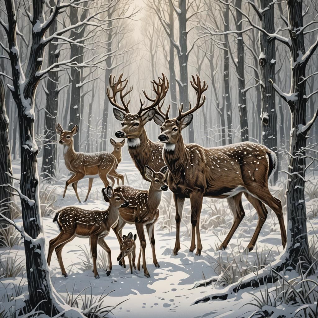 Deer and Fawns in Winter Forest, Woodcut Style