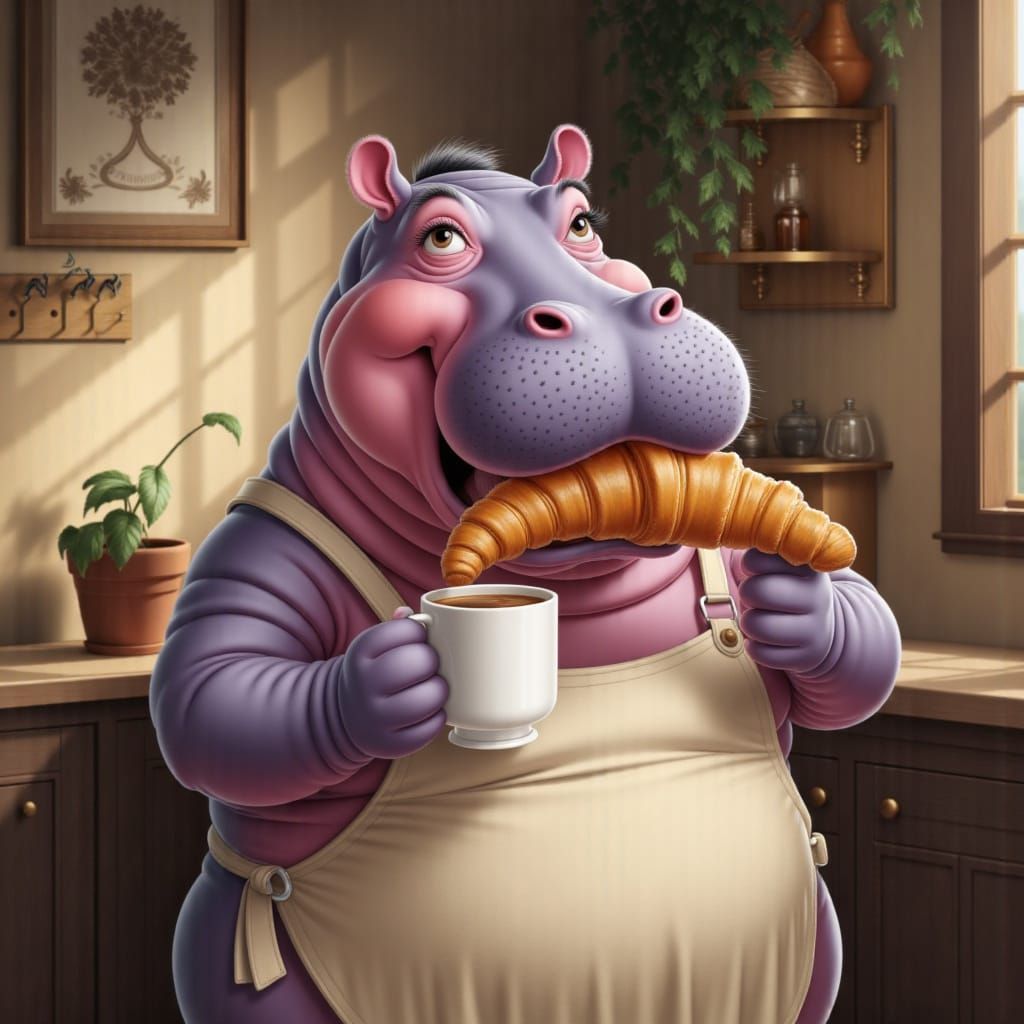 Cozy Hippo Chef in Kitchen, Matte Painting Style