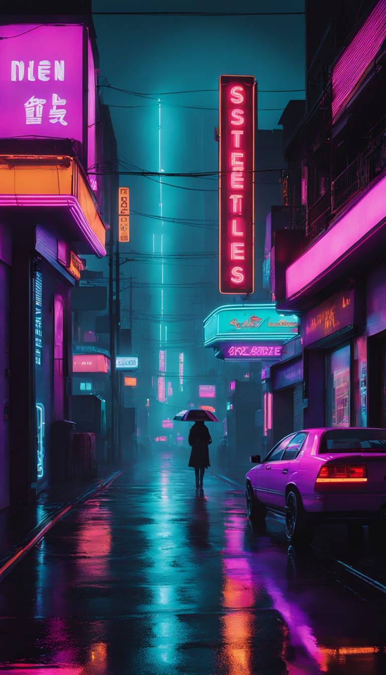 Futuristic Cityscape at Night, Neon Lights Reflecting off We...