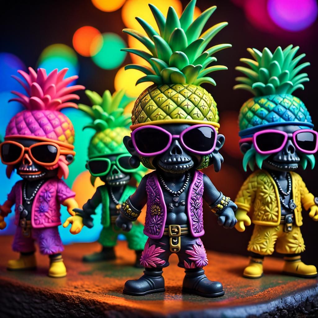 Psychedelic Bobblehead Figures in Pineapple Suits