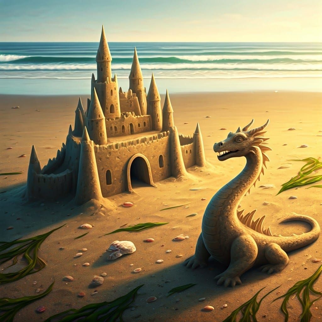 Realistic Sand Castle and Dragon Digital Painting