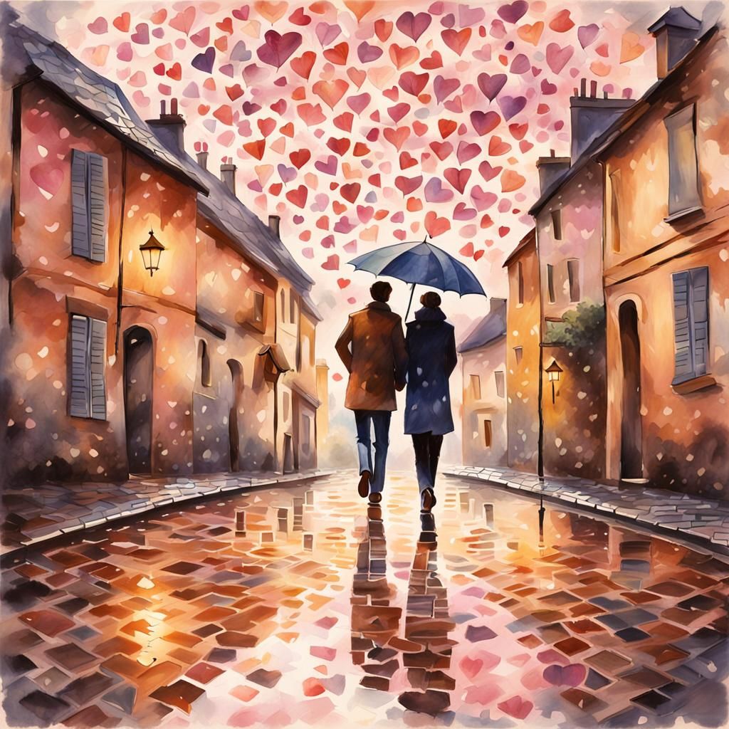 Couple in Rainy Village with Hearts, Watercolor Style