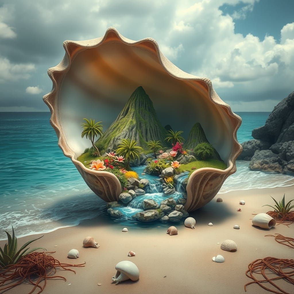 Tropical Landscape Inside Seashell, Dreamlike Digital Art
