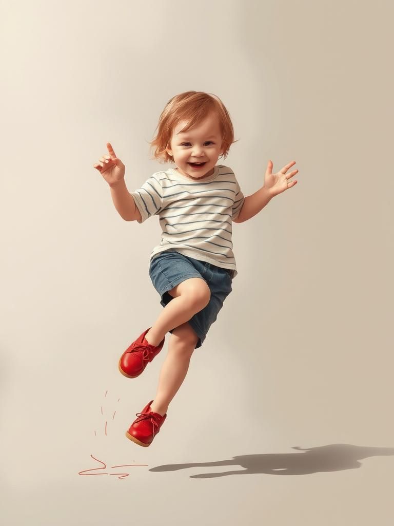 Joyful Child Hopping, in Watercolor Illustration Style