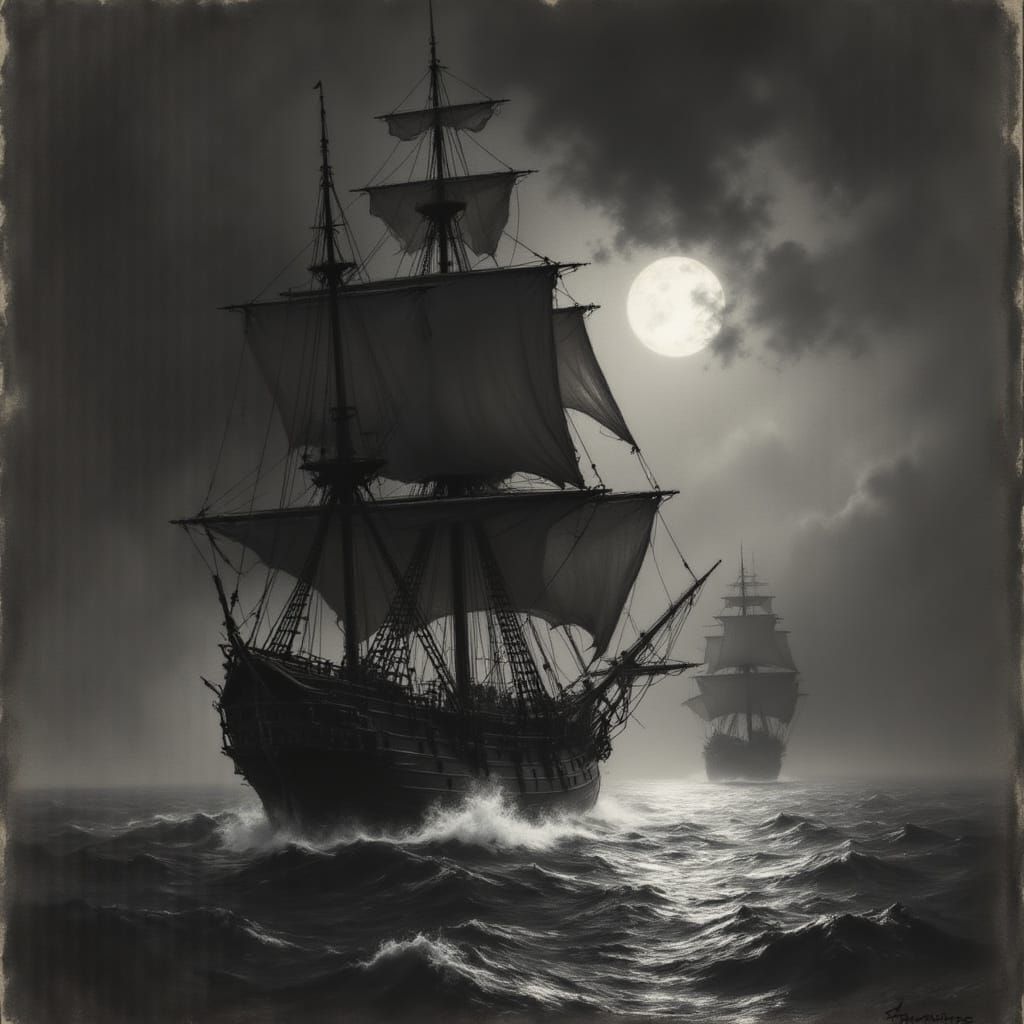 Spanish Galleon Engages British Man-o-War in Smoky Nighttime...