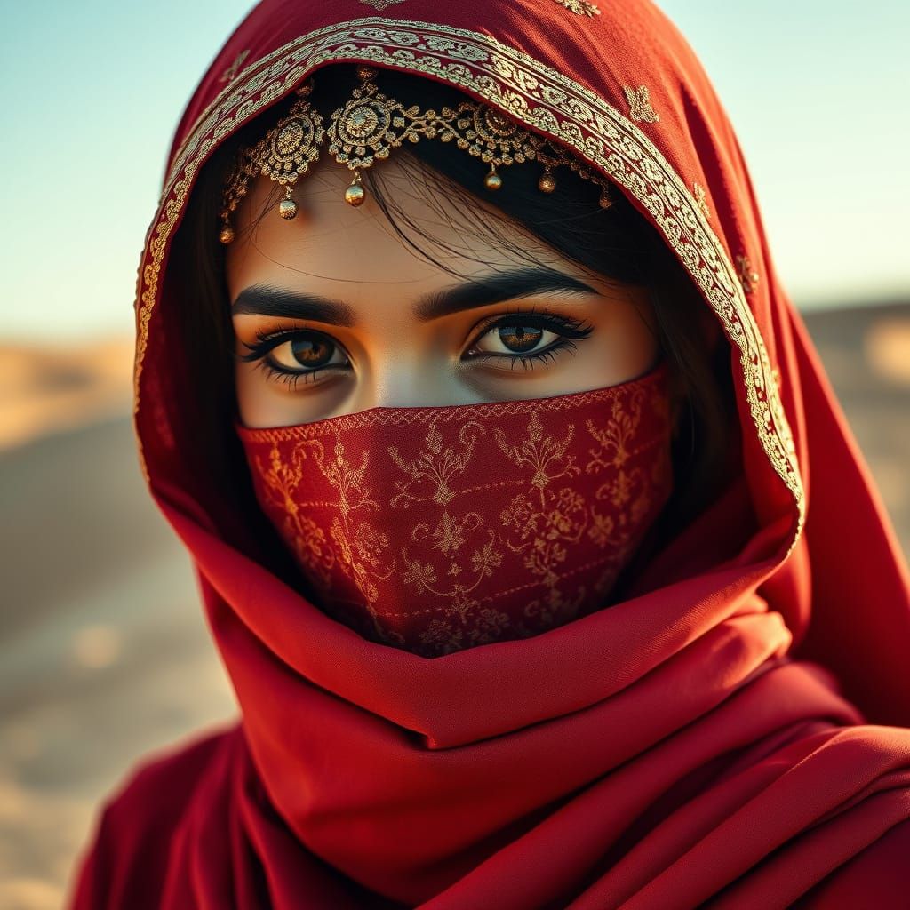 Mysterious Arabic Woman in Golden Mask and Veil