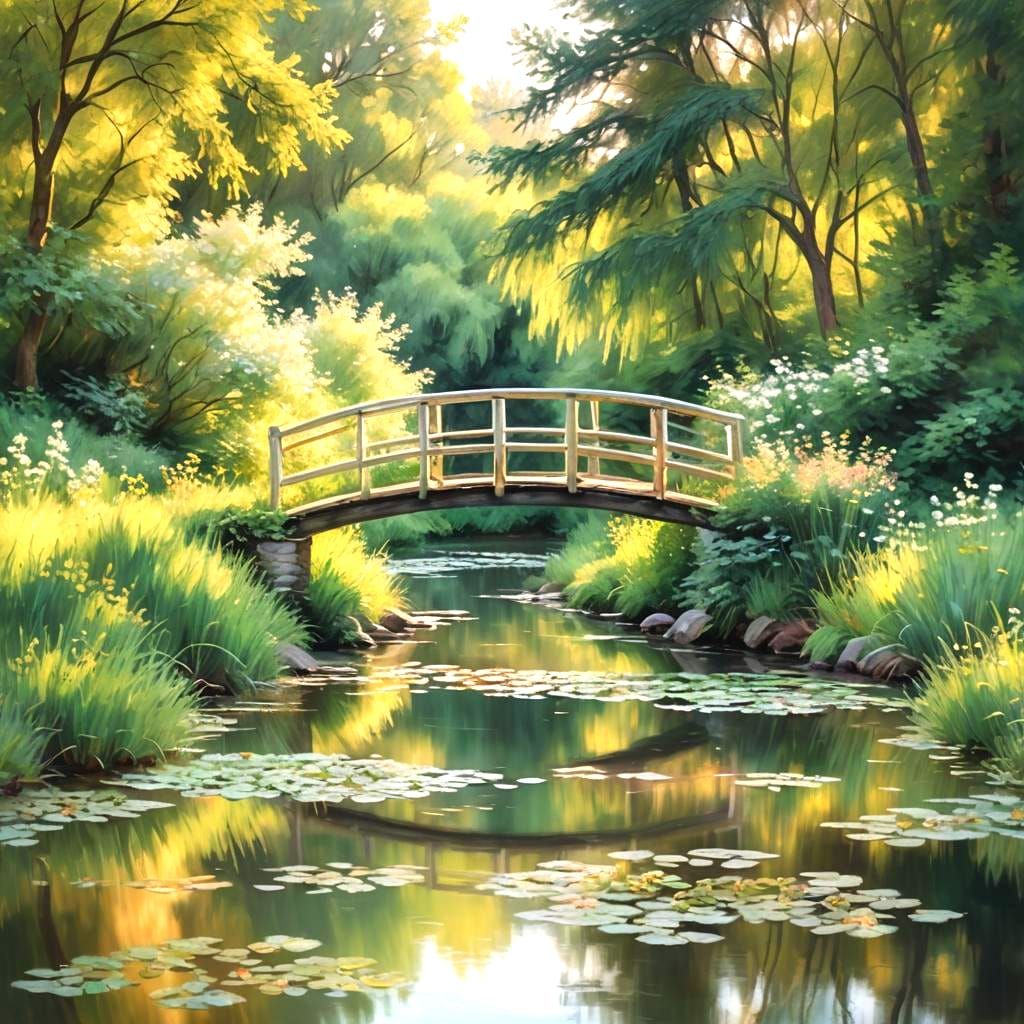 Sunlit Bridge Over Brook at Sunset