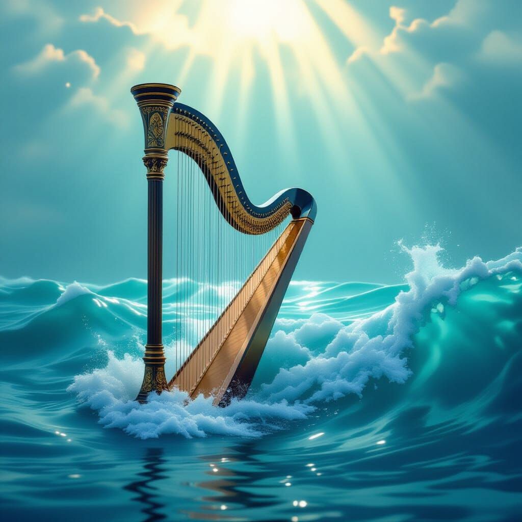 Ethereal Underwater Landscape with Harp and Ocean Waves