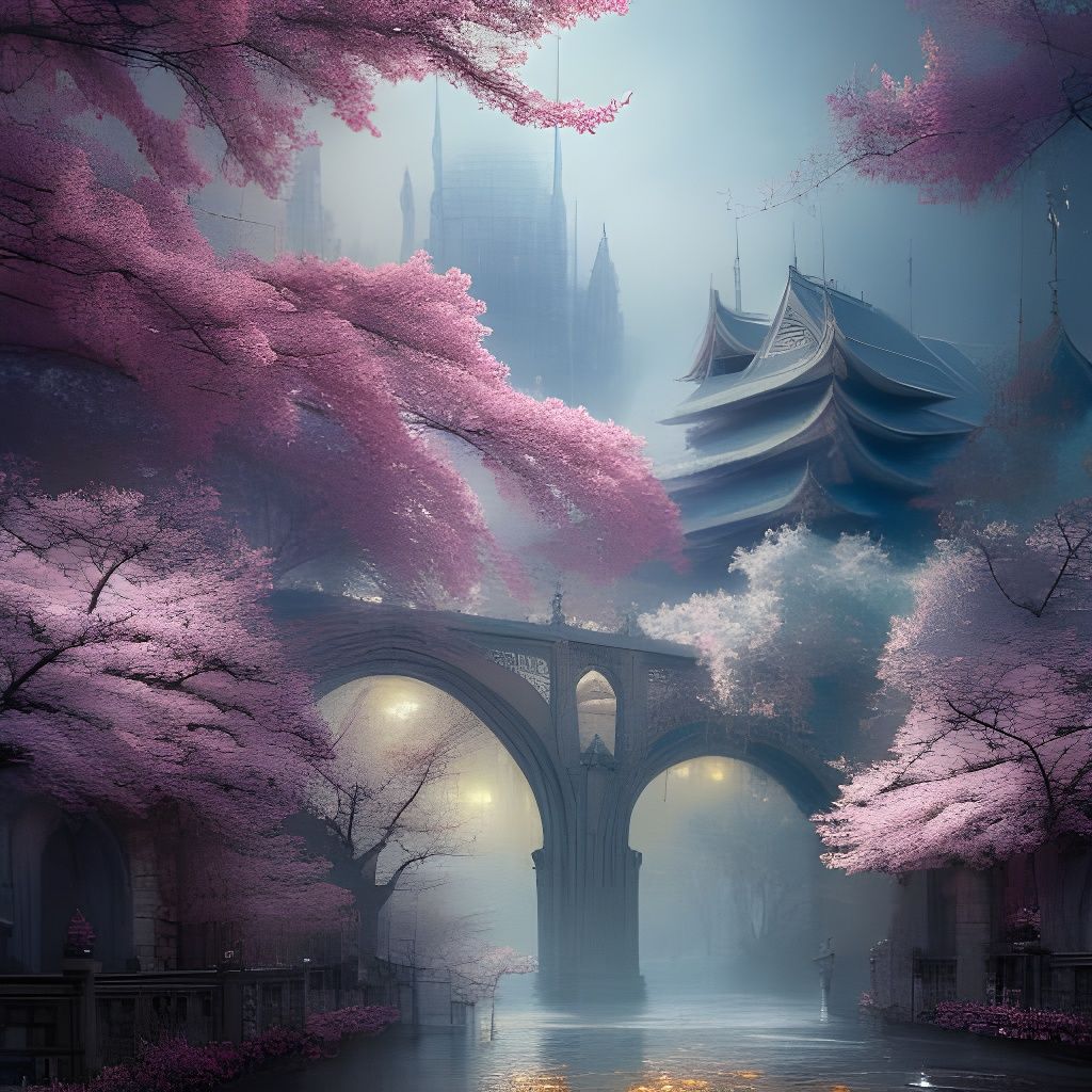 Sakura Blossoms Envelop Whimsical Cityscape