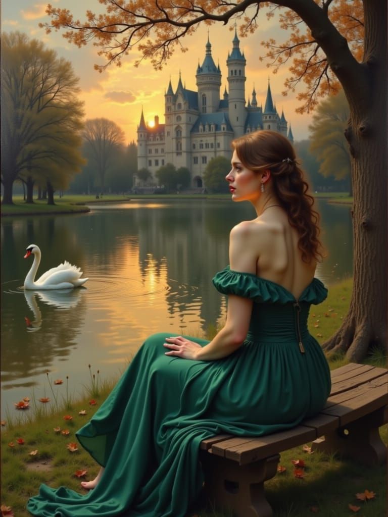 Woman Watches Swan by Castle at Golden Hour