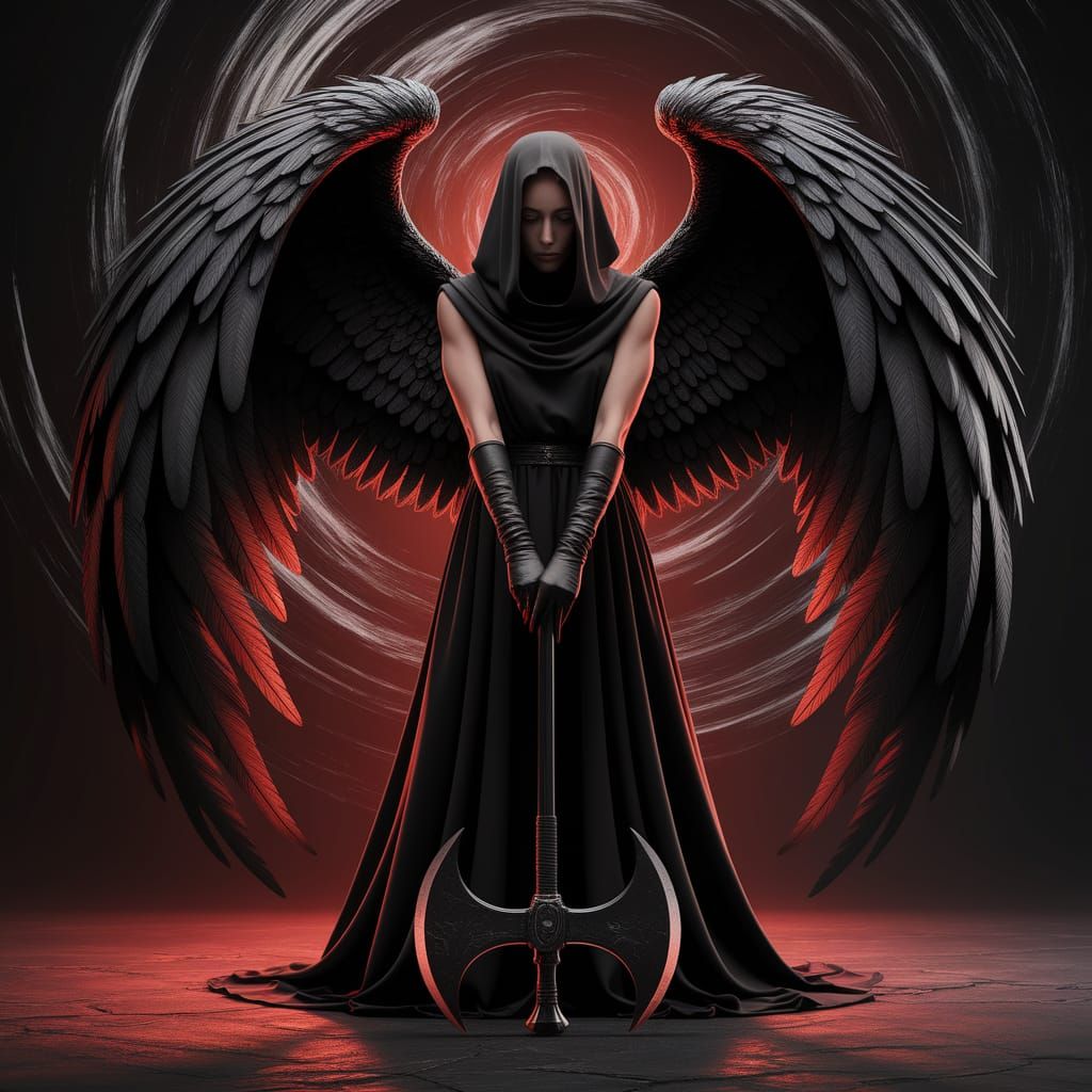 Dark Avenging Angel with Battleaxe in Dramatic Lighting