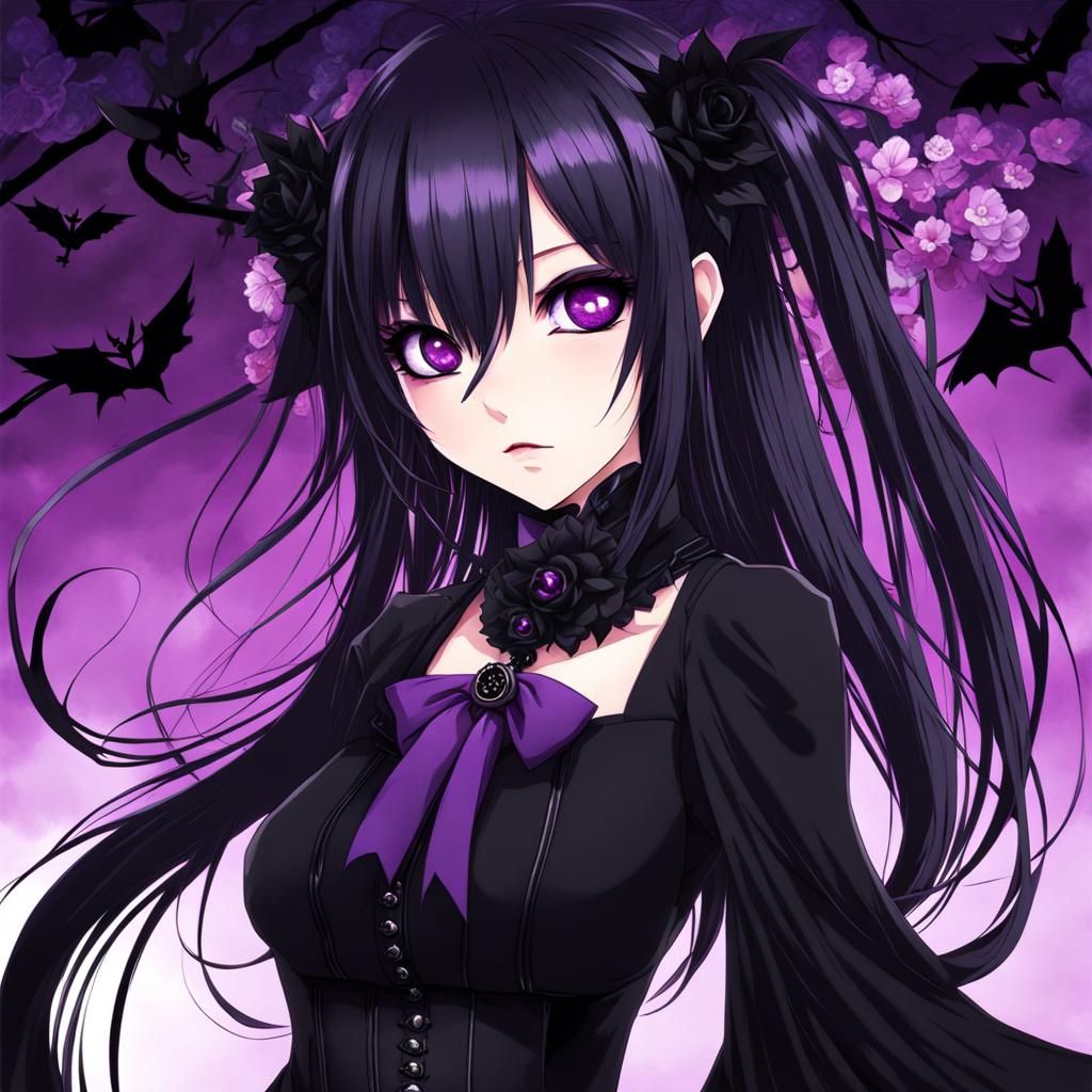 Goth Girl with Purple Eyes in Anime Style