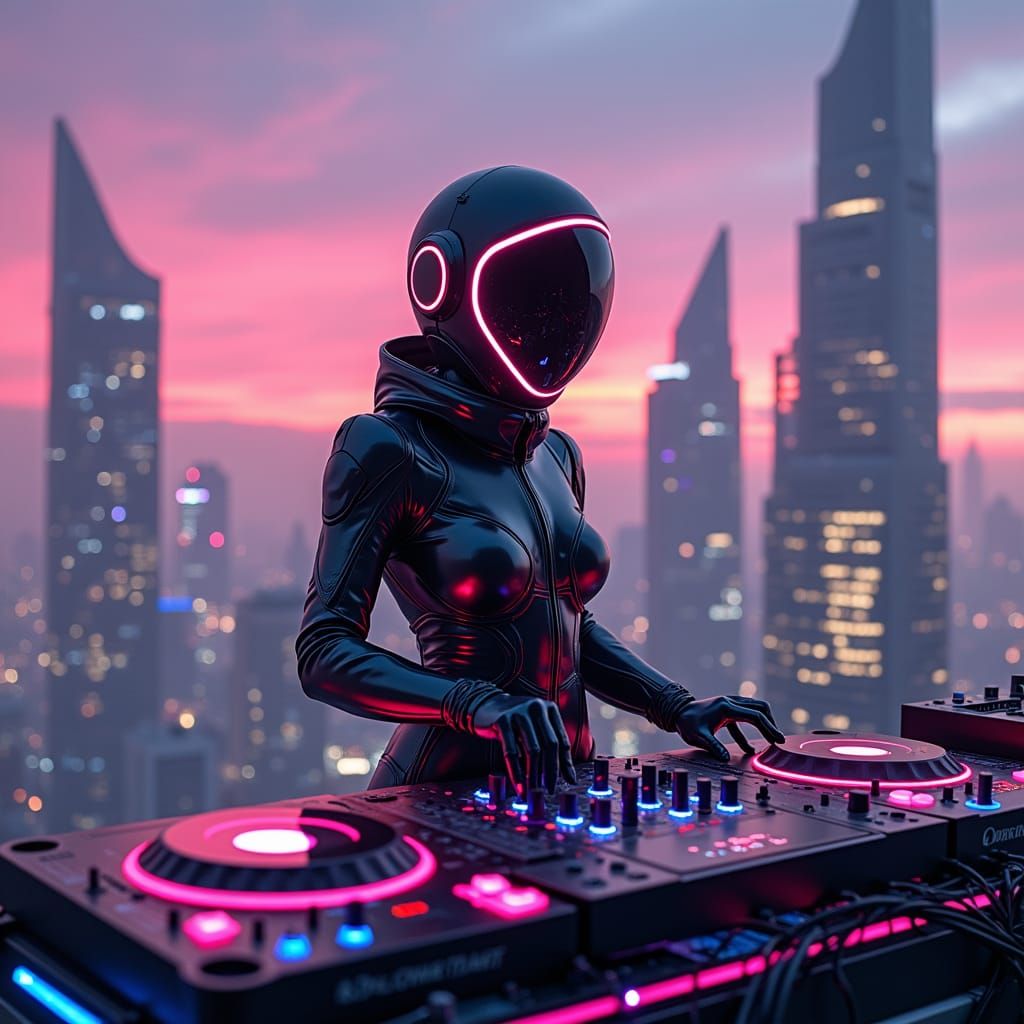 Futuristic Cyberpunk Cityscape with DJ in Neon Lights