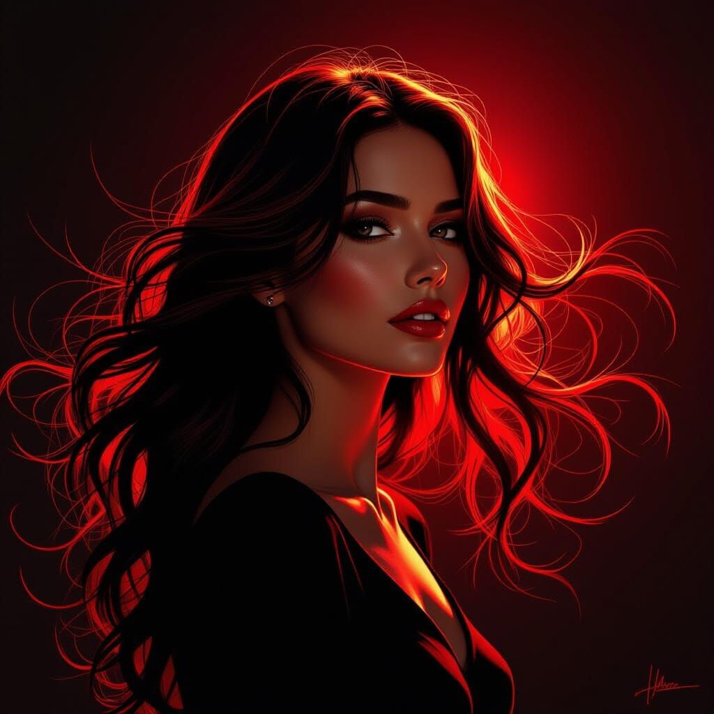 Woman Silhouette in Dramatic Red Chiaroscuro Lighting