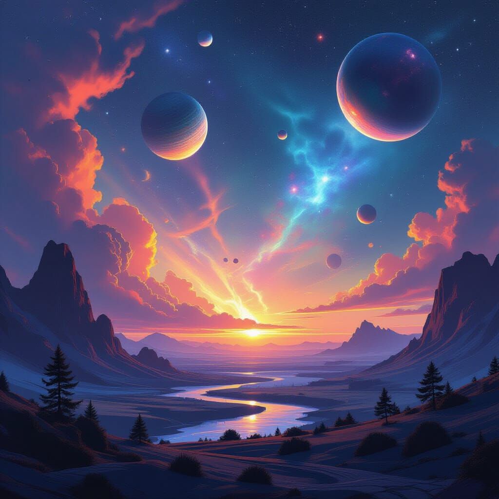 Cosmic Landscape with Planets and Nebulae