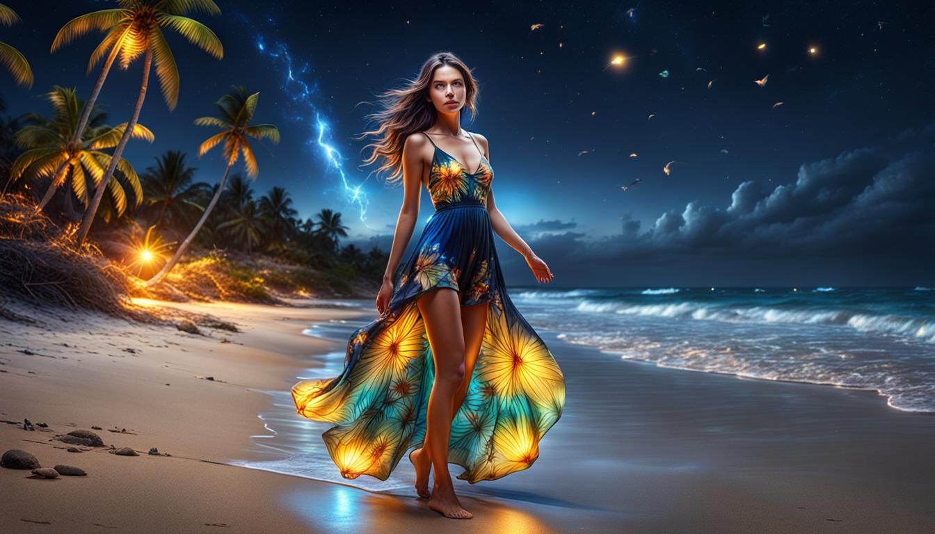 Cute Girl on Tropical Beach at Night
