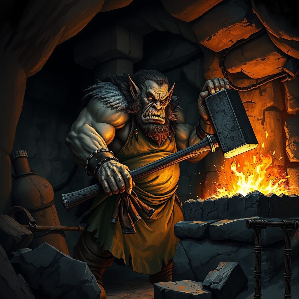 An ogre blacksmith working at a roaring forge