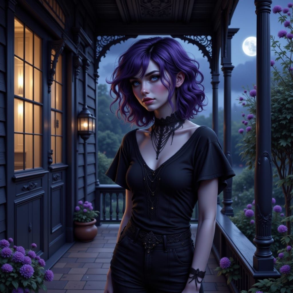 Goth Woman on Porch Under Starry Night Sky