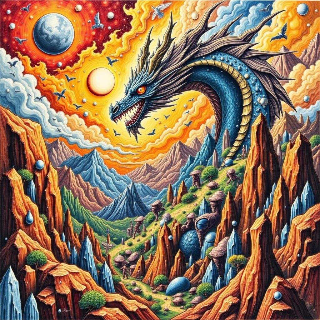 Surreal Dragon Mural in Luxe, Layered, and Veiled Style