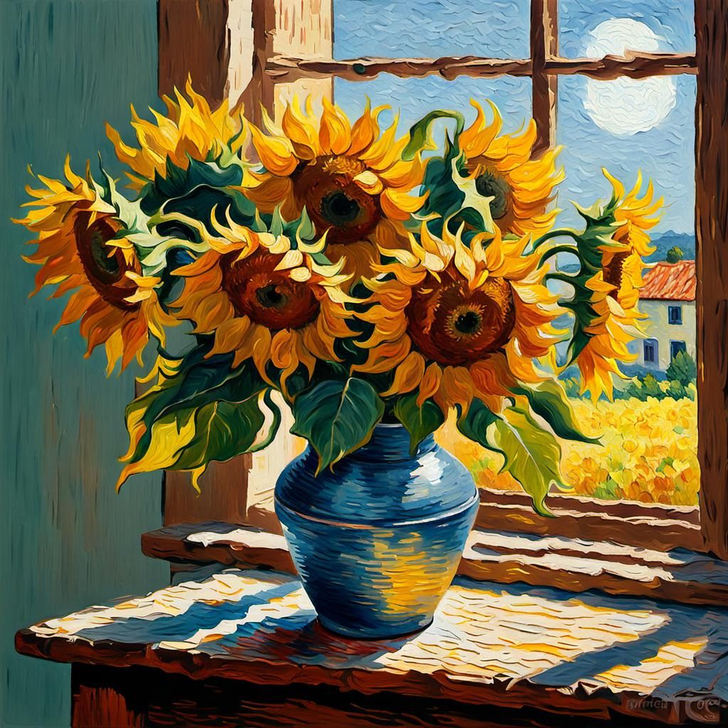 Sunflower Impasto Painting in Gouache Style