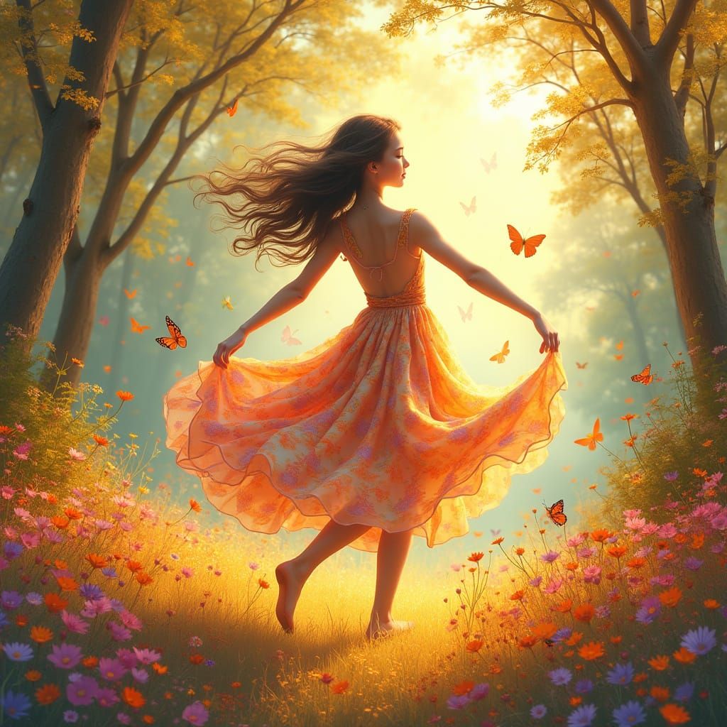Vibrant Fantasy Landscape with Dancing Woman in Whimsical St...