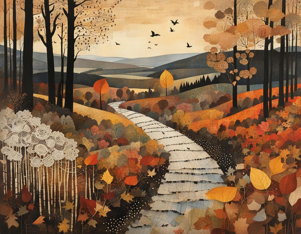 Autumn Landscape Shines: Mixed Media Collage Painting