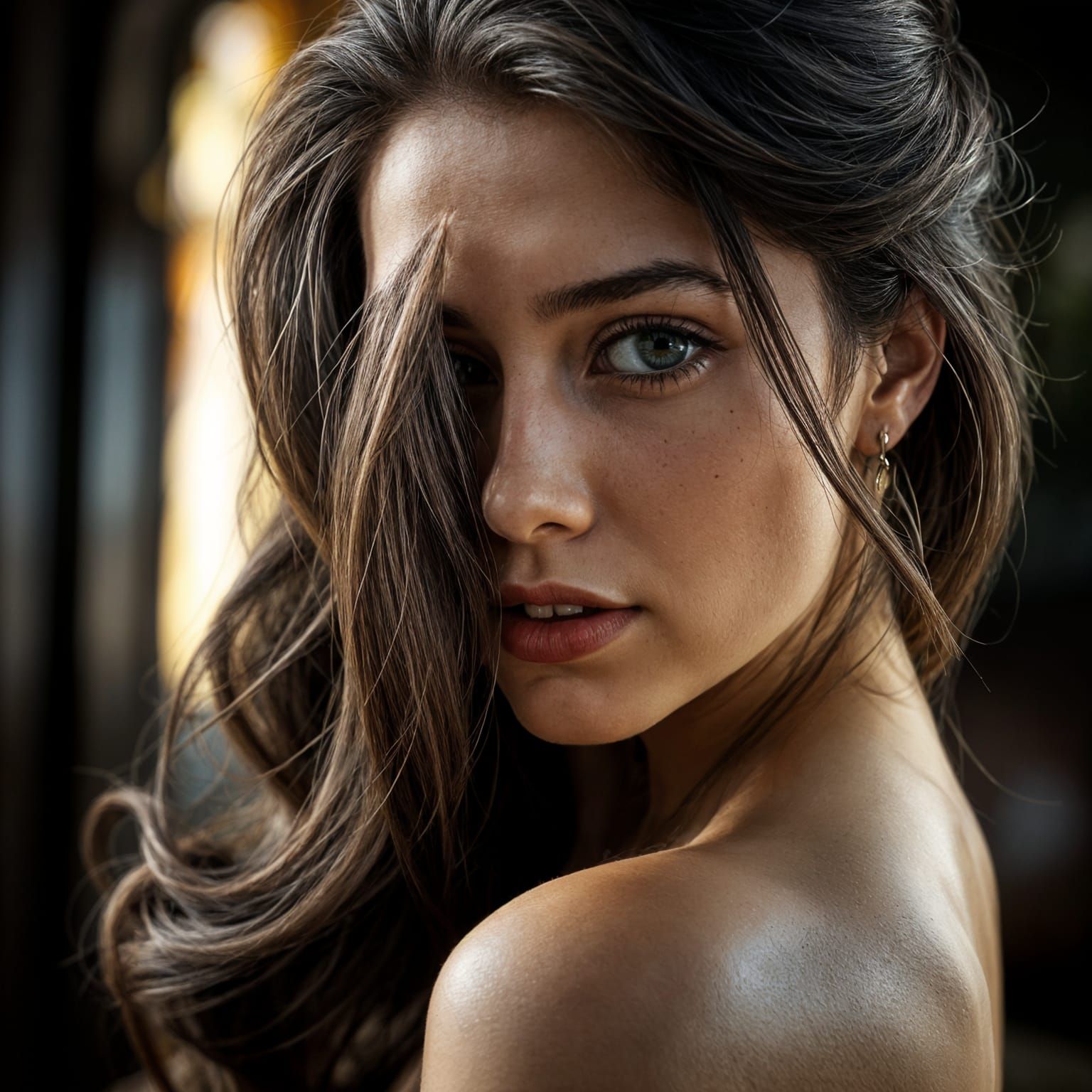 Hyperrealistic Portrait of a Brown-Eyed Brown-Haired Woman