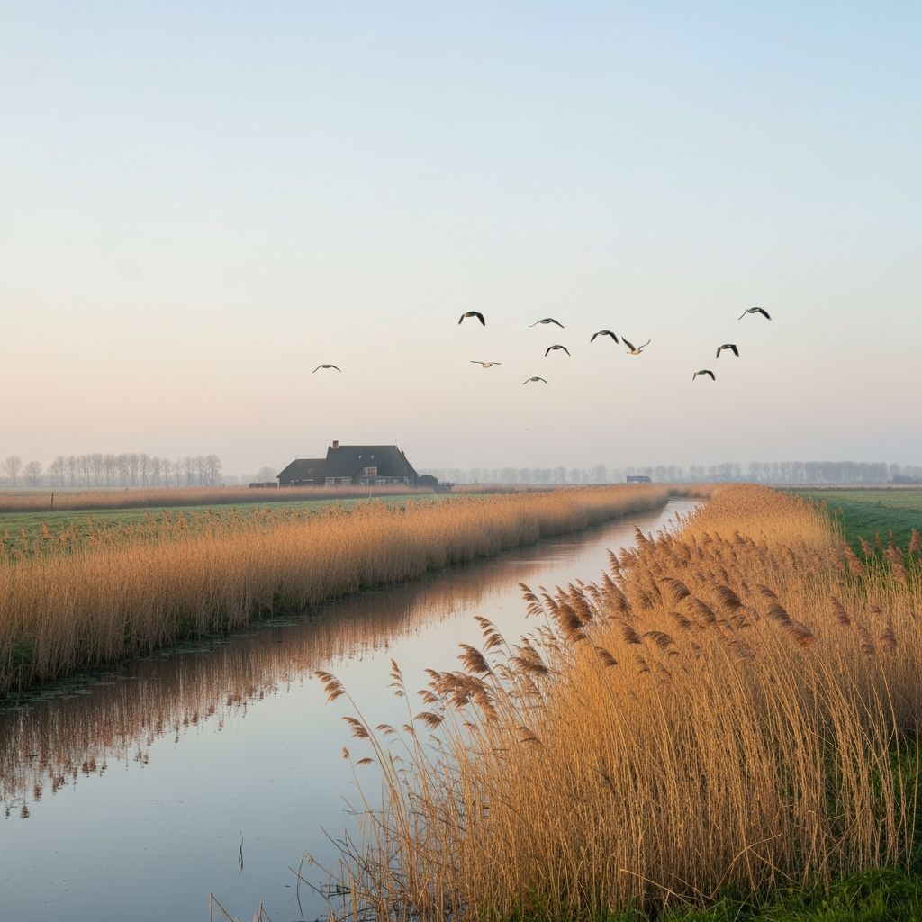 Soft Dawn Over Dutch Meadows with Golden Reeds and Canal