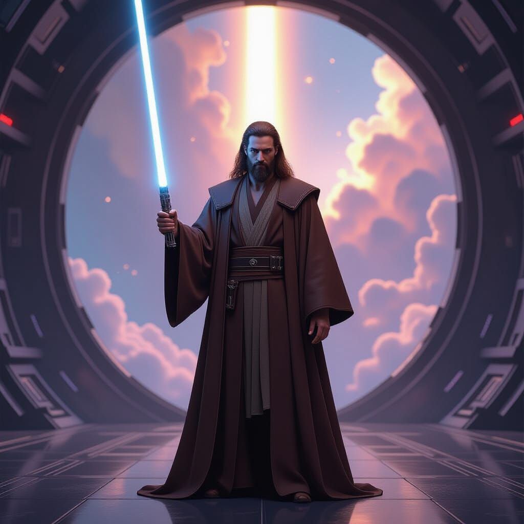 Jedi Knight Holds Blue Lightsaber on Star Cruiser