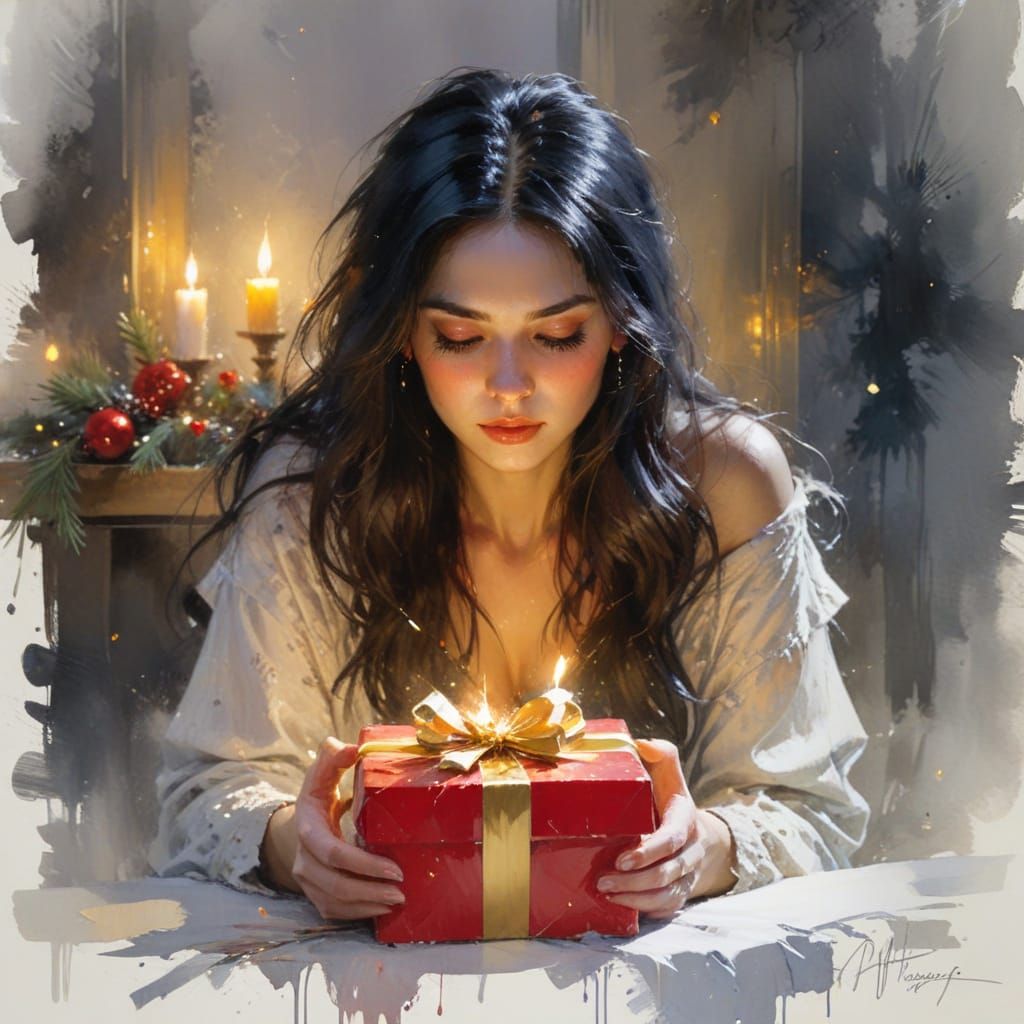 Woman Opening Gift by Candlelight in Watercolor Style