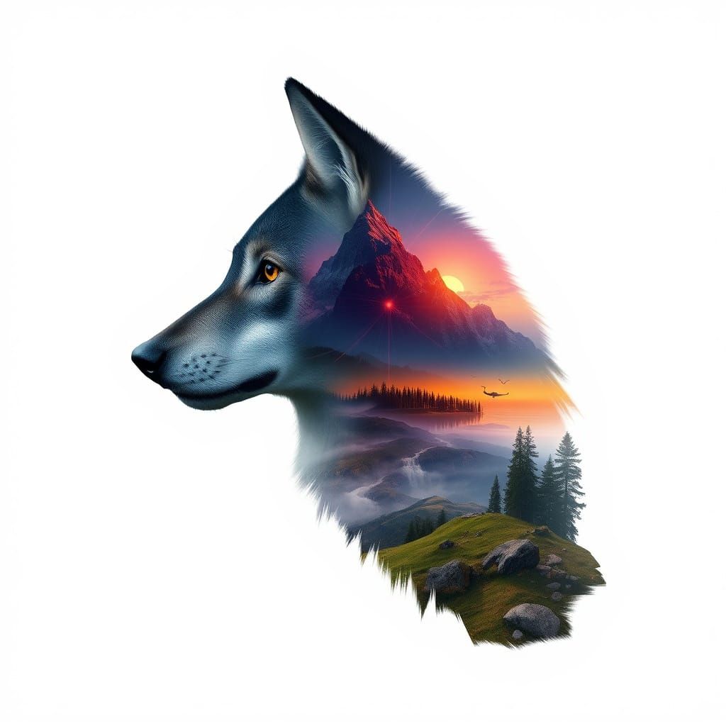Wolf with Landscape: Dreamlike Digital Art