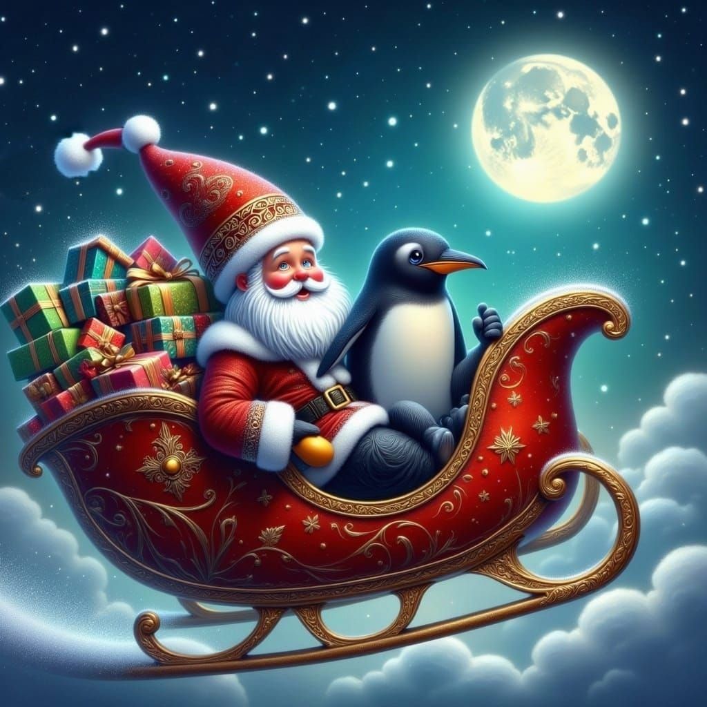 Penguin Elf Rides with Santa in Sleigh