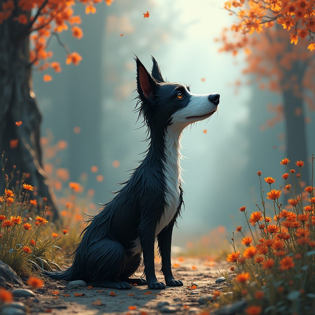 Whimsical Black and White Canine in Fantastical Scenery