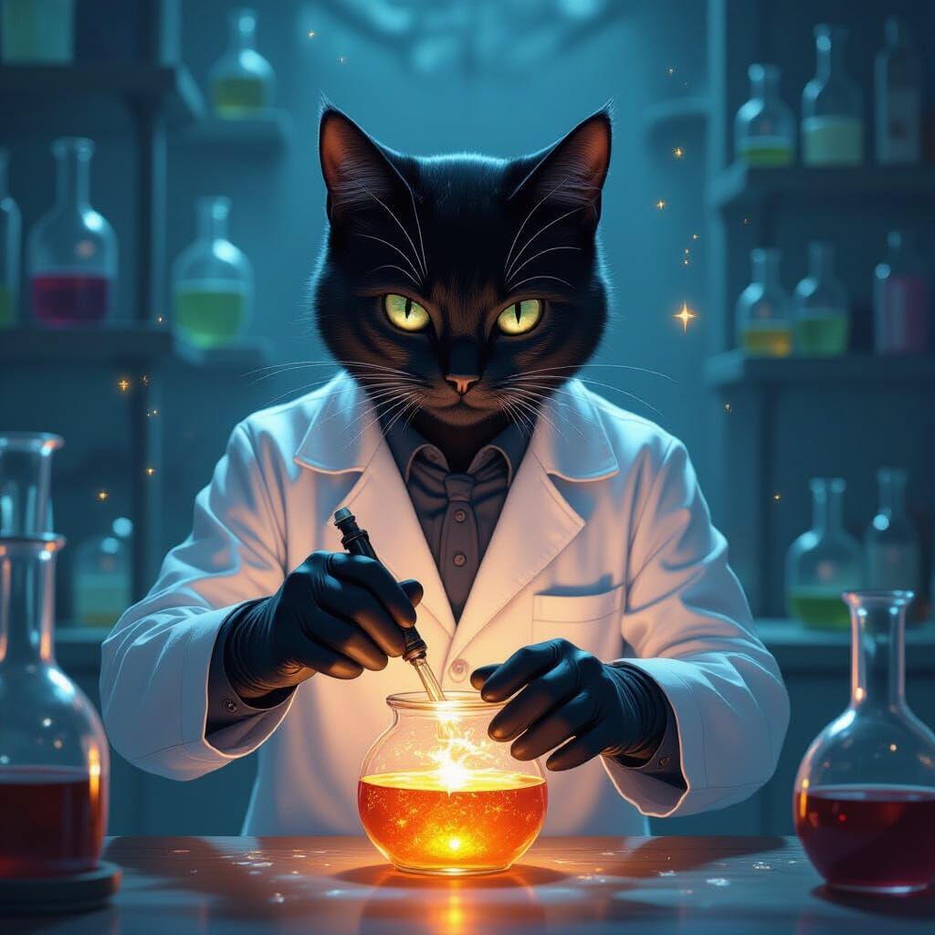 Black Cat Doctor Mixing Magical Potions