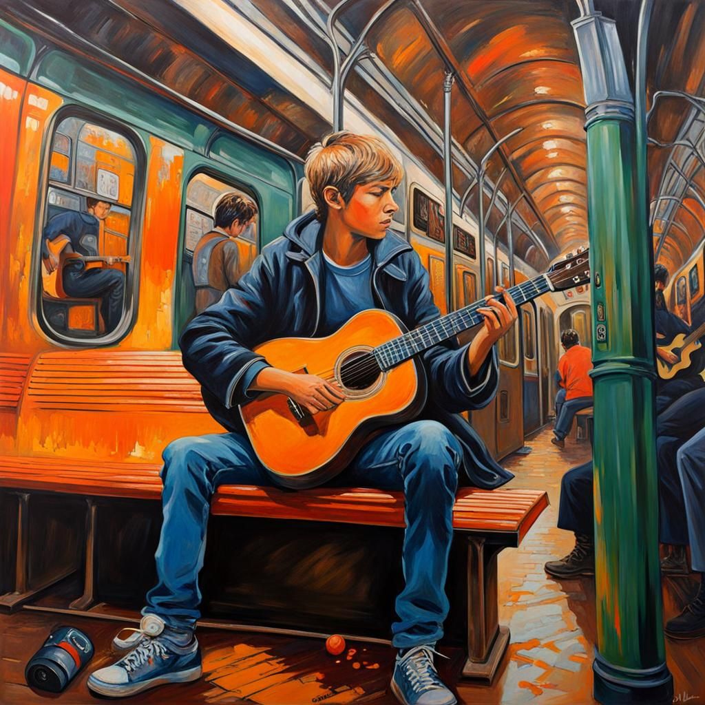 In a subway, teenager plays guitar
