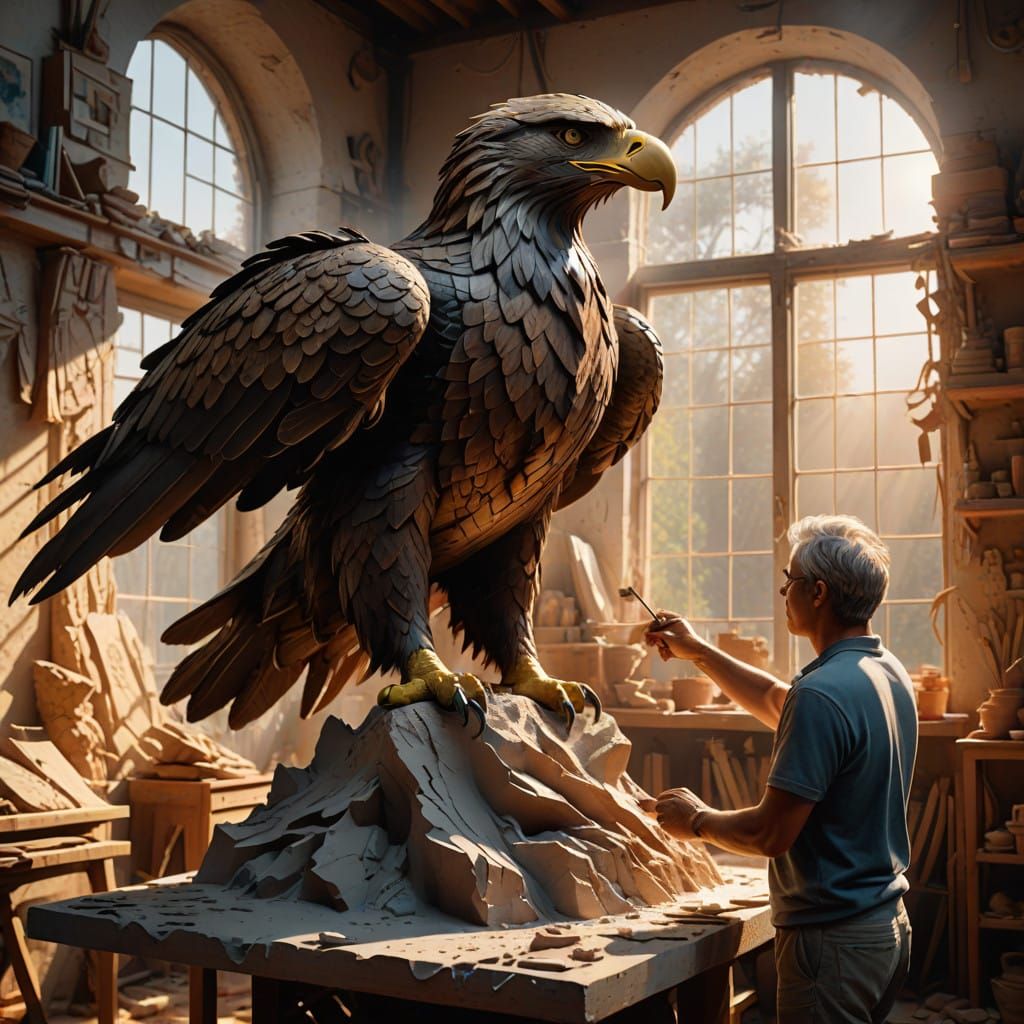 Sculptor Shapes Incredible Digital Art Eagle in Soft Sunligh...