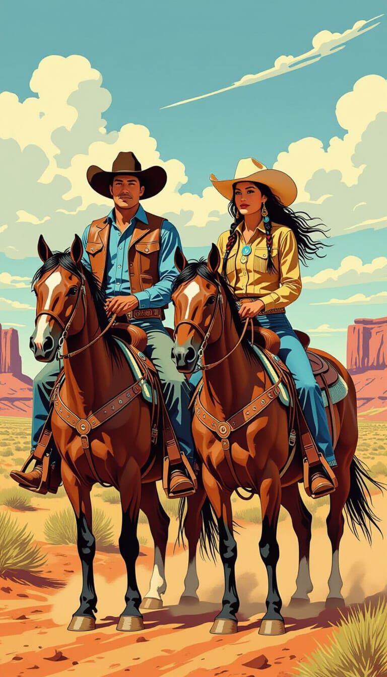 Native American Cowboy Couple in Comic Book Style