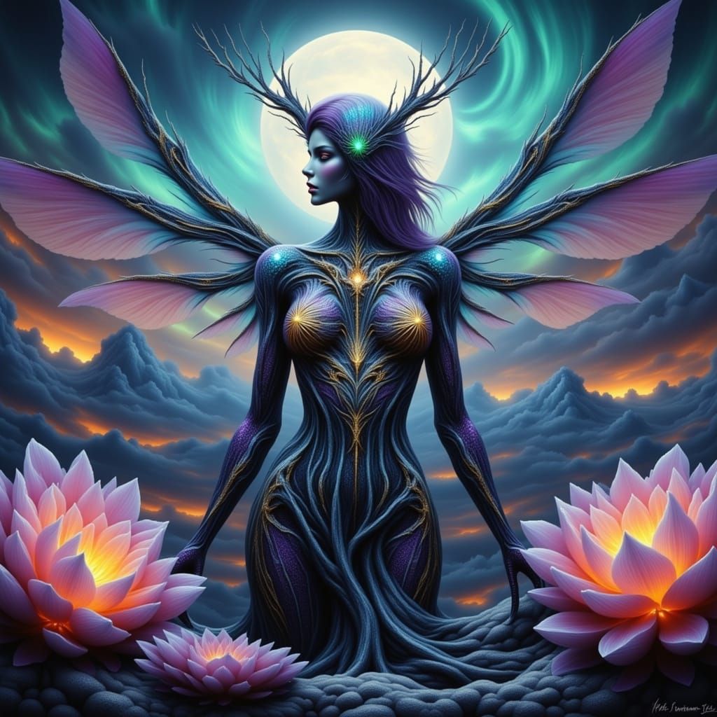 Mantis-Human Hybrid with Crystal Wings in Surreal Scene