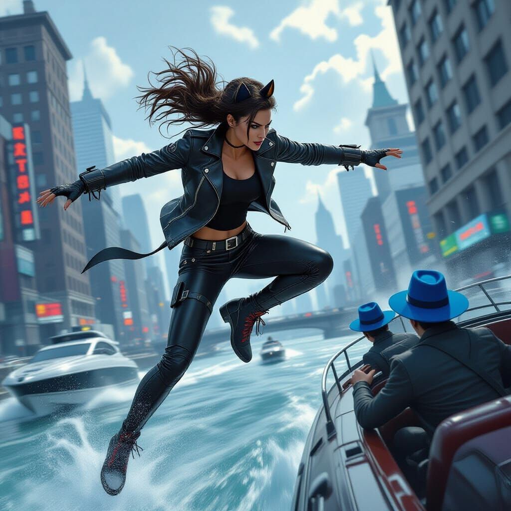 Cat-Woman Leaping to Action: Urban Superhero Scene