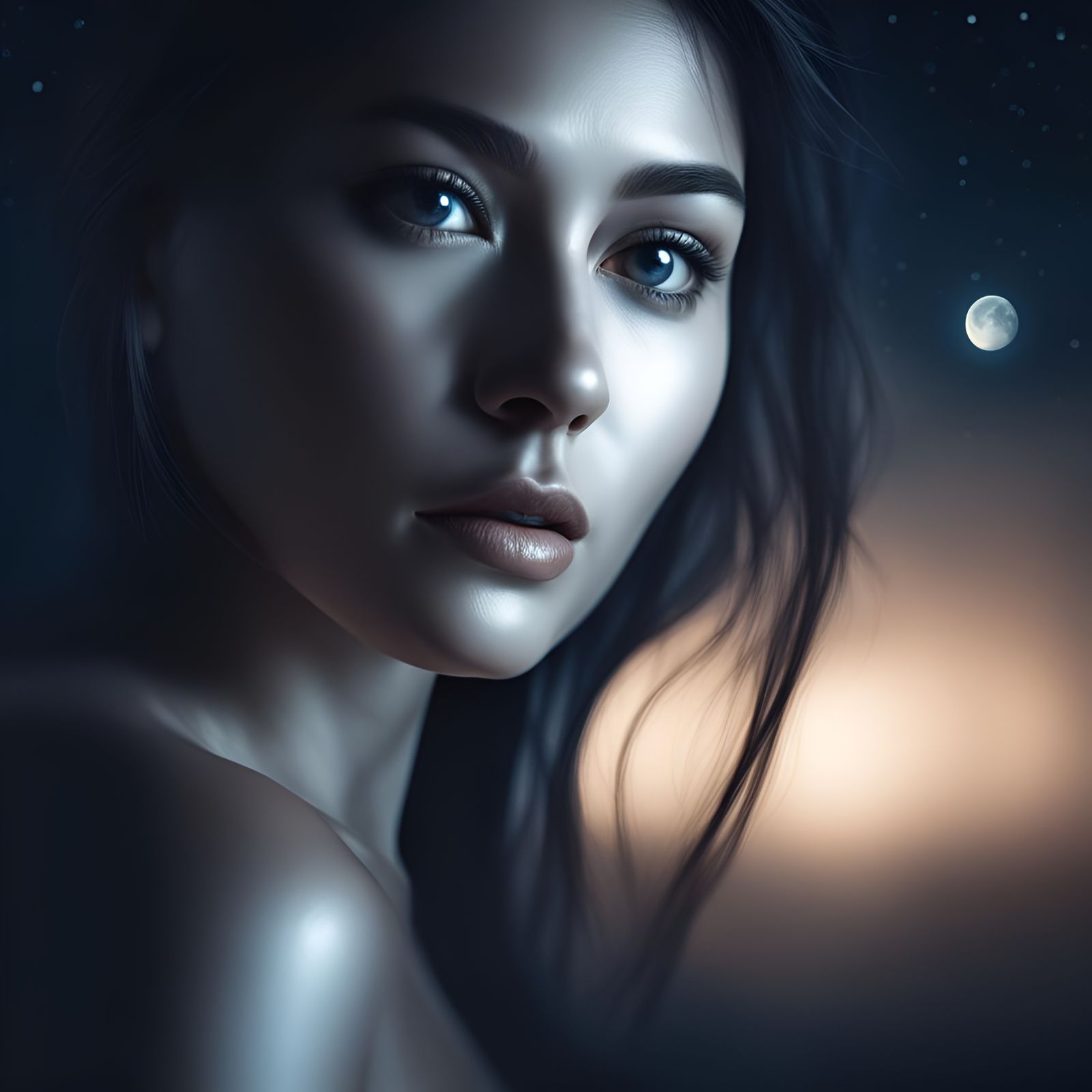 Moonlit Woman's Face with Reflecting Eyes