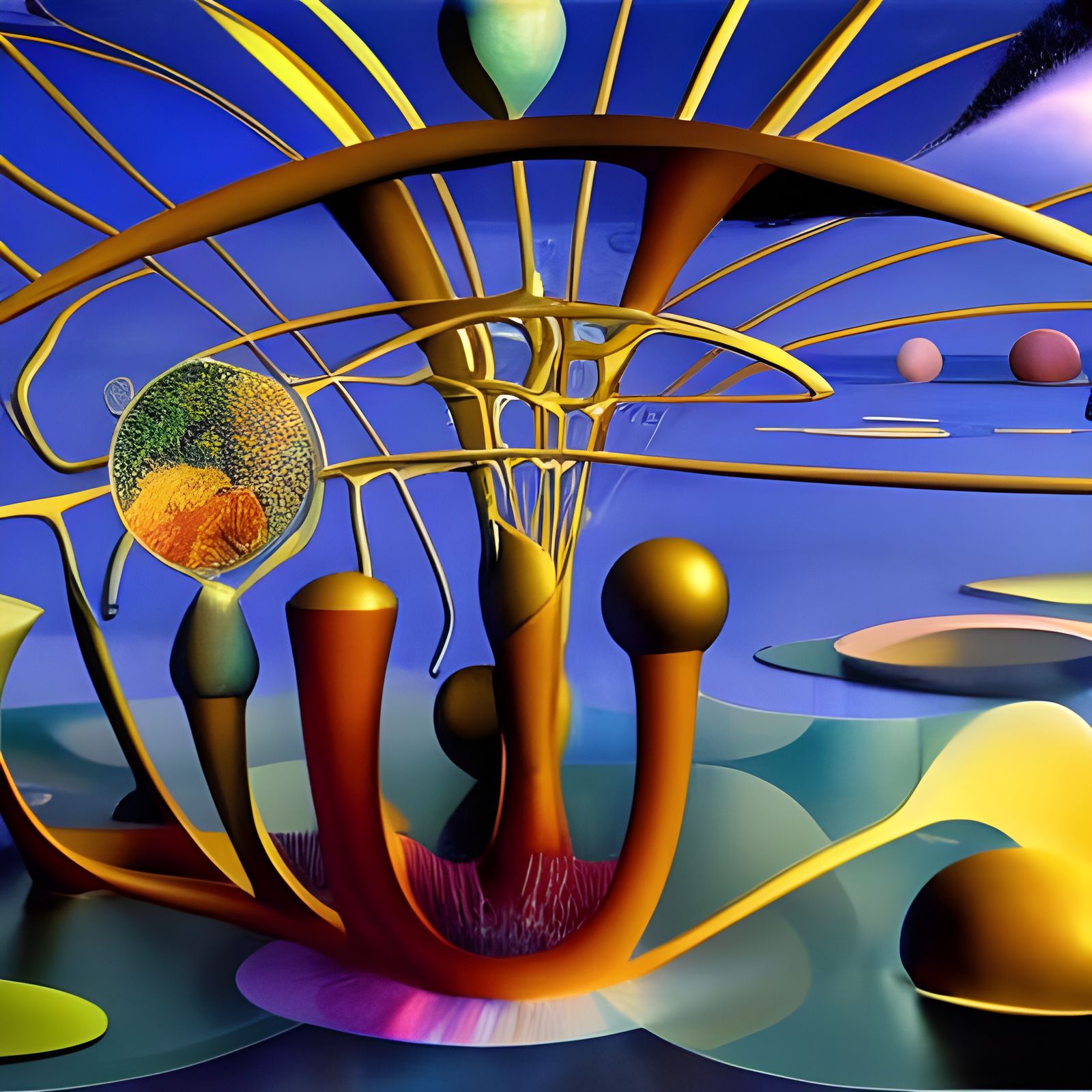 Ethereal Summer Pond with Magical Trees in Biopunk Style